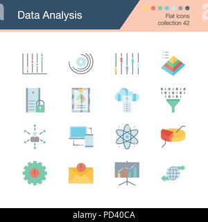 Data Analysis icons. Flat design collection 42. For presentation, graphic design, mobile application, web design, infographics. Vector illustration. Stock Vector