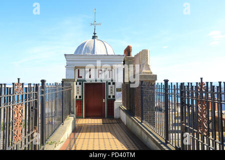 The surviving Wellington Crescent East Cliff lift, going down to the beach, in Ramsgate, on the Isle of Thanet, Kent, UK Stock Photo