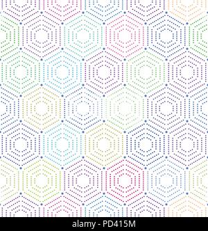 Geometric repeating vector ornament with hexagonal dotted colorful elements Stock Vector