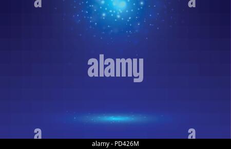 Blue stage background with light rays of spotlight and falling sparkling. Shimmering light dust shining. Studio room. Vector illustration Stock Vector