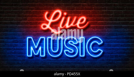 Neon sign on a brick wall - Live Music Stock Photo