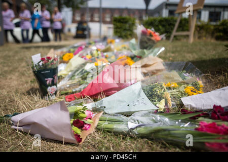Floral tributes to Samantha Eastwood at the University Hospital of North Staffordshire in Stoke-On-Trent. Michael Stirling appeared at North Staffordshire Magistrates' Court on Monday charged with the murder of midwife. Stock Photo
