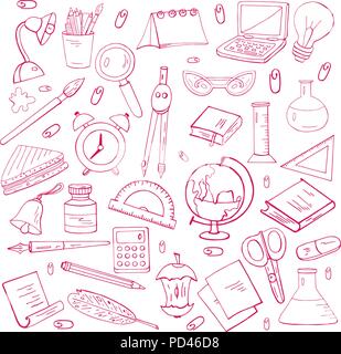 A set of hand drawn stationery with a red stroke on white background Stock Vector