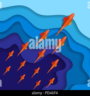 Abstract blue cut paper background with gold fish set Stock Vector