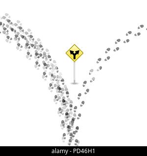 Your own way. Many shoes ways with one different path and road sign Stock Vector