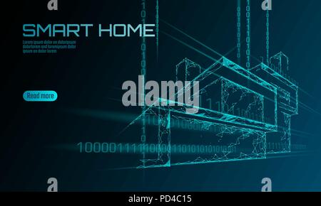 Smart house binary code low poly concept. Online control information analysis. Internet of things technology home automation system. Blue glowing polygonal triangle vector illustration banner Stock Vector