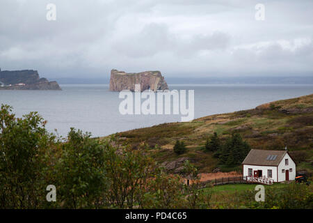 Cafe on Bonaventure Island, Canada. Perce Rock can be seen in the background, in the Gulf of St Lawrence. Stock Photo