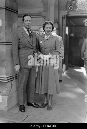 5th September 19050. Brighton, England. Sir Hartley Shawcross, the Attorney General, and Lady Shawcross, arriving at the Dome (Brighton) for the second day of the annual five day Trades Union Congress. Stock Photo