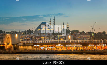 Galata Bridge And Suleymaniye Mosque, Istanbul, Turkey Stock Photo