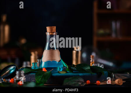 Modern witchcraft concept header. Blank label on a magic potion bottle. Potions, berries, herbs and occult equipment. Magical still life with copy space on a dark background. Stock Photo