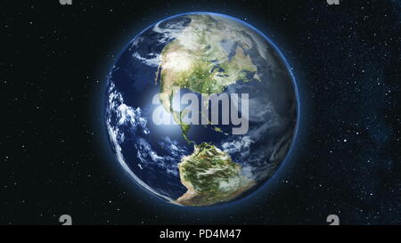 Realistic Earth Planet, rotating on its axis in space against the background of the star sky. Seamless loop. Astronomy and science concept. Night city lights. Elements of image furnished by NASA Stock Photo