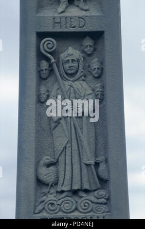 St Hild, detail of Caedmon's Cross at Whitby Abbey, England. Photograph Stock Photo