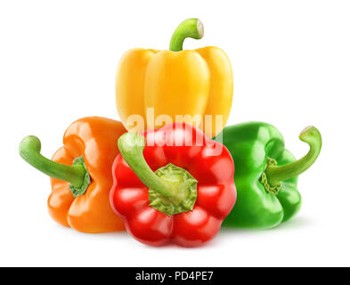 Isolated peppers. Four bell peppers of various colors (red, green, orange, yellow) in a pile isolated on white background with clipping path Stock Photo