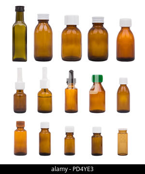 Brown bottles, medicine.  Set of various bottles, medical Stock Photo