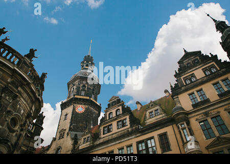 The Royal Palace and the Tower of Gaussmann in Dresden in Germany. This complex of buildings was built in the 16th century. Stock Photo