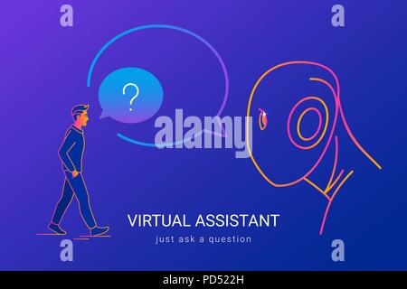 Virtual assistant and voice recognition concept gradient line vector illustration of people asking voice assistant without missunderstanding. Man stan Stock Vector