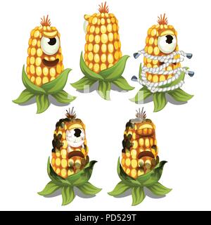 Trapped fancy monster in the form of an one-eyed decaying cob of corn isolated on a white background. Vector cartoon close-up illustration. Stock Vector