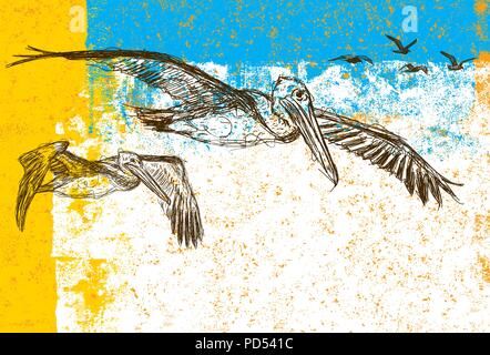 Sketchy pelicans and seagulls. Sketchy pelicans with seagulls flying behind them over an abstract background. Stock Vector