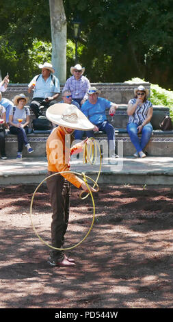 TEQUILA-MEXICO-SEP 26, 2017:   Trick roping is an entertainment or competitive art involving the spinning of a lasso also known as a lariat or a 'rope Stock Photo