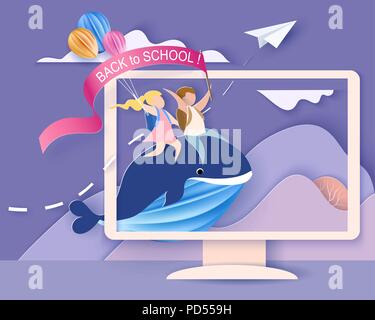 Back to school 1 september card. Monitor screen with mountains and children sitting on whale. Paper cut style. Vector illustration Stock Vector