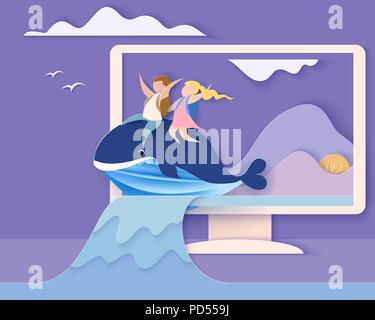 Back to school 1 september card. Monitor screen with mountains, waterfall and children sitting on whale. Paper cut style. Vector illustration Stock Vector