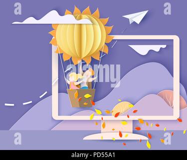 Back to school 1 september card. Monitor screen with mountains, kids, leaves and sun shaped air balloon. Paper cut style. Vector illustration Stock Vector