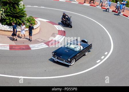 1955 Black Ford Thunderbird Convertible on Circuit de Monaco and the entrance of the Fairmont Hairpin street circuit of Monte Carlo Stock Photo