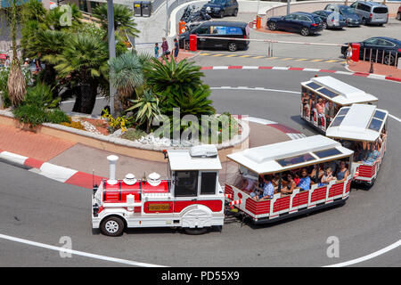 Monaco little train tours on the Circuit de Monaco and the entrance of the Fairmont Hairpin street circuit of Monte Carlo Stock Photo