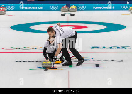 Anastasia BRYZGALOVA  and Aleksandr KRUSHELNITCKII  (OAR) competing in the Mixed Doubles Curling round robin at the Olympic Winter Games PyeongChang 2 Stock Photo