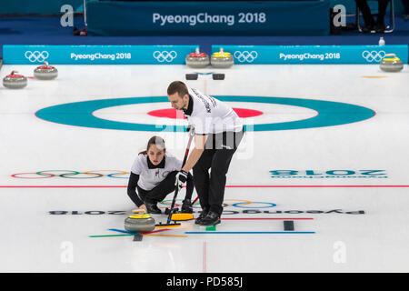 Anastasia BRYZGALOVA  and Aleksandr KRUSHELNITCKII  (OAR) competing in the Mixed Doubles Curling round robin at the Olympic Winter Games PyeongChang 2 Stock Photo