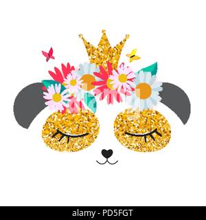 Little cute panda princess with crown and flowers  for card and shirt design. Vector Illustration Stock Vector