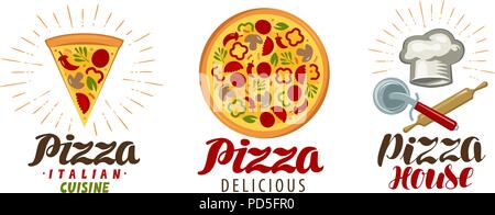 Pizza, pizzeria logo or icon. Labels for menu design restaurant or cafe. Vector illustration isolated on white background Stock Vector