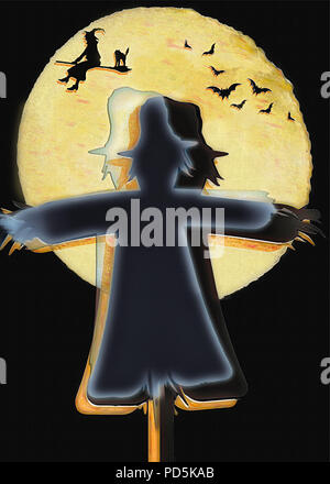 Using clip art (yes, I sometimes use it instead of original artwork/photographs) I created this silhouetted, and a bit ghostly, scarecrow, watching th Stock Photo
