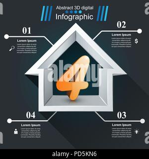 House abstract 3d icon. Business infographic. Four 3d icon. Stock Vector