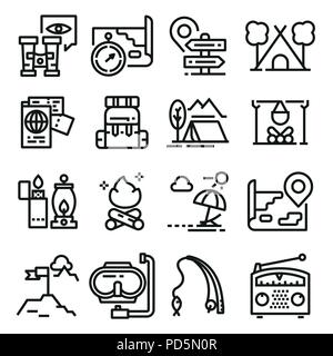 Vector line adventure icon set. Binoculars, map, tent, fire, fishing rod and other Stock Vector