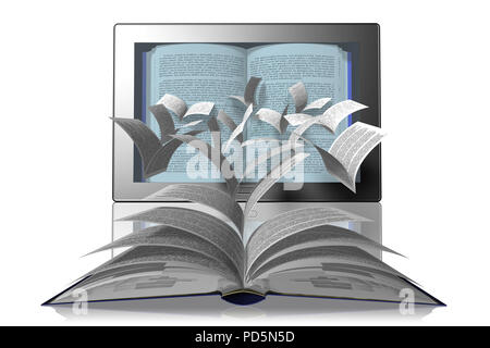 3D illustration. Book pages come off and fly to tablets, e-book Stock Photo