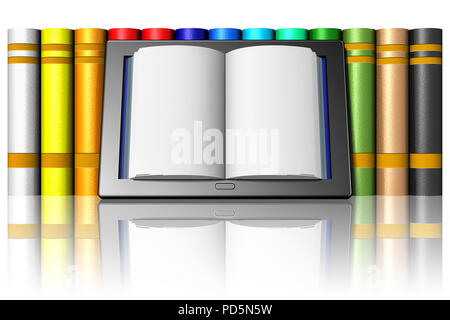 3D illustration. Book with blank pages for text within tablet, e-book leaning against a row of books. Stock Photo