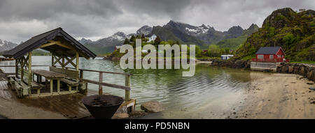 Fish preparation area on the shore of a fjord, Kabelvag, Lofoten Islands, Norway. Stock Photo