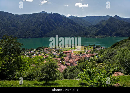 View over village of Anfo on the shores of Lake Idro, Lombardy, Italy Stock Photo