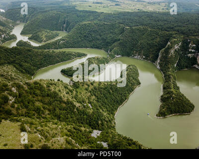 The Uvac Gorge in southern Serbia is especially known for entrenched meanders in a 100 m (330 ft) deep canyon. Stock Photo