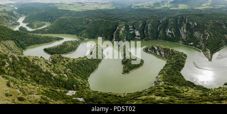 The Uvac Gorge in southern Serbia is especially known for entrenched meanders in a 100 m (330 ft) deep canyon. Stock Photo