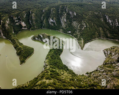 The Uvac Gorge in southern Serbia is especially known for entrenched meanders in a 100 m (330 ft) deep canyon. Stock Photo