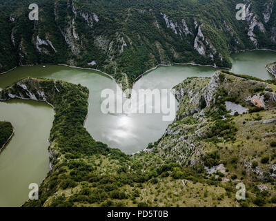 The Uvac Gorge in southern Serbia is especially known for entrenched meanders in a 100 m (330 ft) deep canyon. Stock Photo