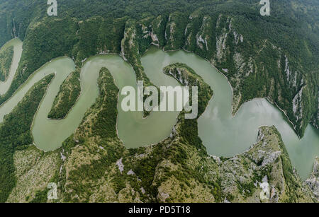 The Uvac Gorge in southern Serbia is especially known for entrenched meanders in a 100 m (330 ft) deep canyon. Stock Photo