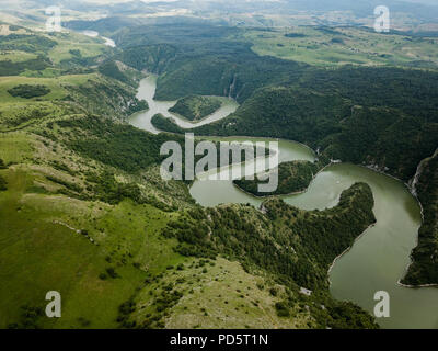 The Uvac Gorge in southern Serbia is especially known for entrenched meanders in a 100 m (330 ft) deep canyon. Stock Photo