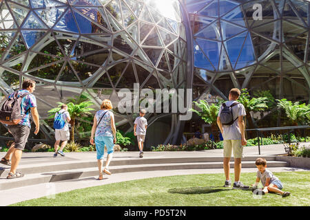 Seattle, Washington, USA - July 6, 2018: The Amazon World Headquarters Campus Spheres terrariums with people located in downtown Seattle, Washington,  Stock Photo
