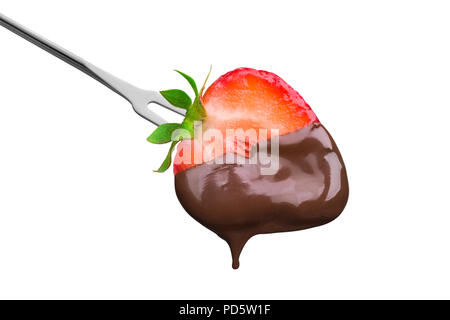 Fondue half of a ripe strawberry in hot chocolate isolated on white background Stock Photo