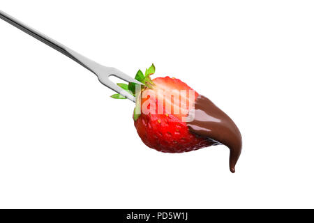 Fondue half of a ripe strawberry in hot chocolate isolated on white background Stock Photo