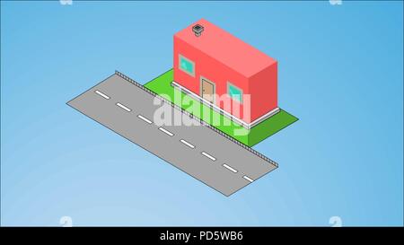 Little isometric house with shadow on turquoise blue background. Real estate, rent and home concept. EPS 8 vector illustration, no transparency. Stock Vector