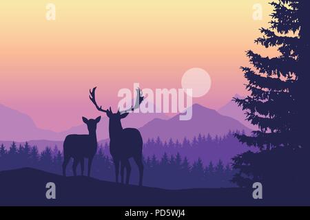 Two deer standing in coniferous forest under mountains and yellow purple sky - vector, with space for text Stock Vector